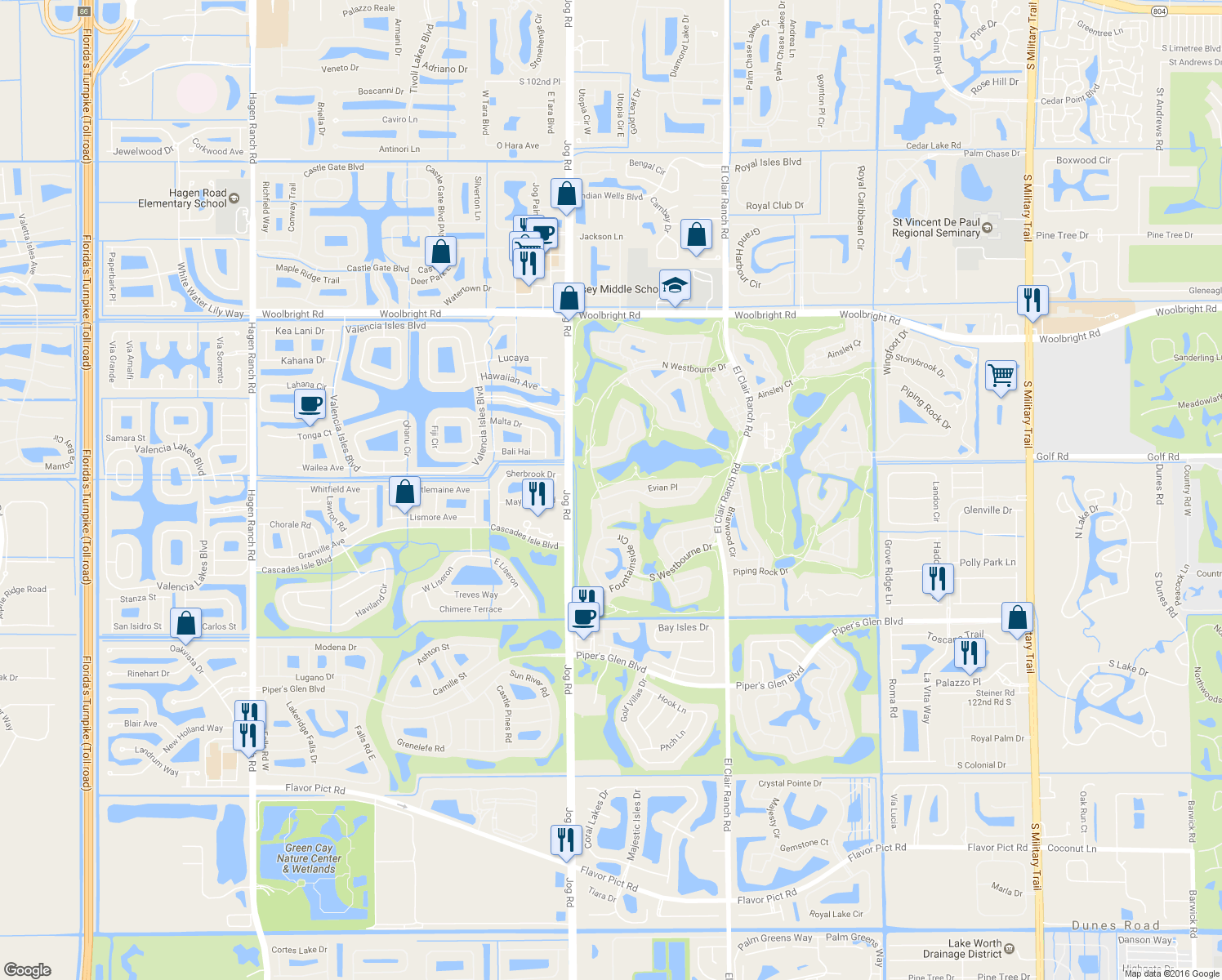map of restaurants, bars, coffee shops, grocery stores, and more near 6361 Evian Place in Boynton Beach