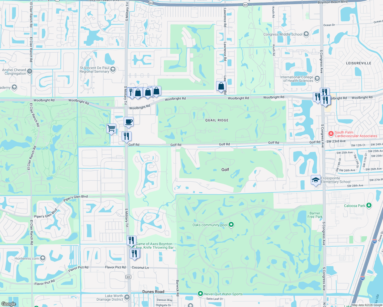 map of restaurants, bars, coffee shops, grocery stores, and more near 10 Pine Lane West in Boynton Beach