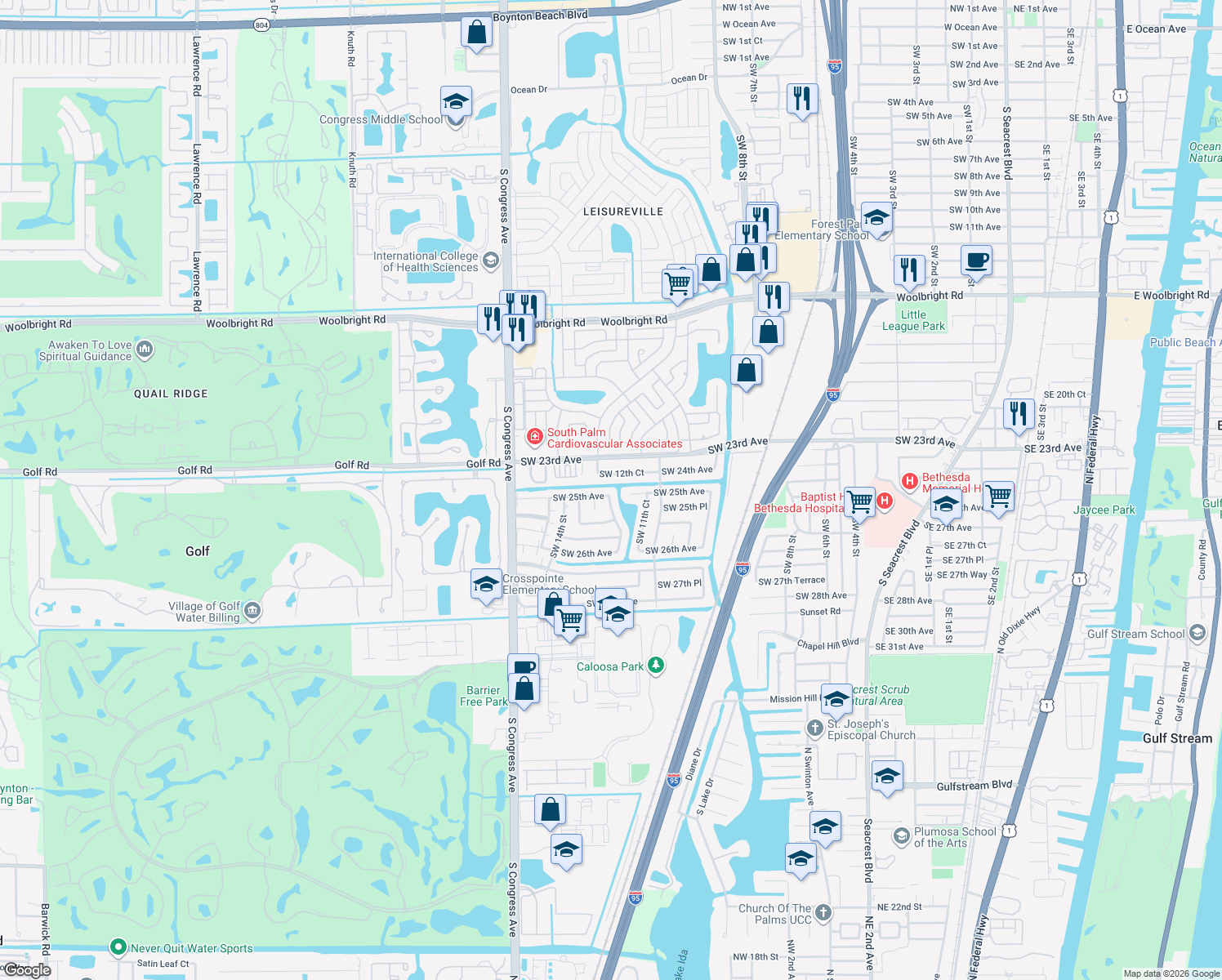 map of restaurants, bars, coffee shops, grocery stores, and more near 1199 SW 25th Ave in Boynton Beach