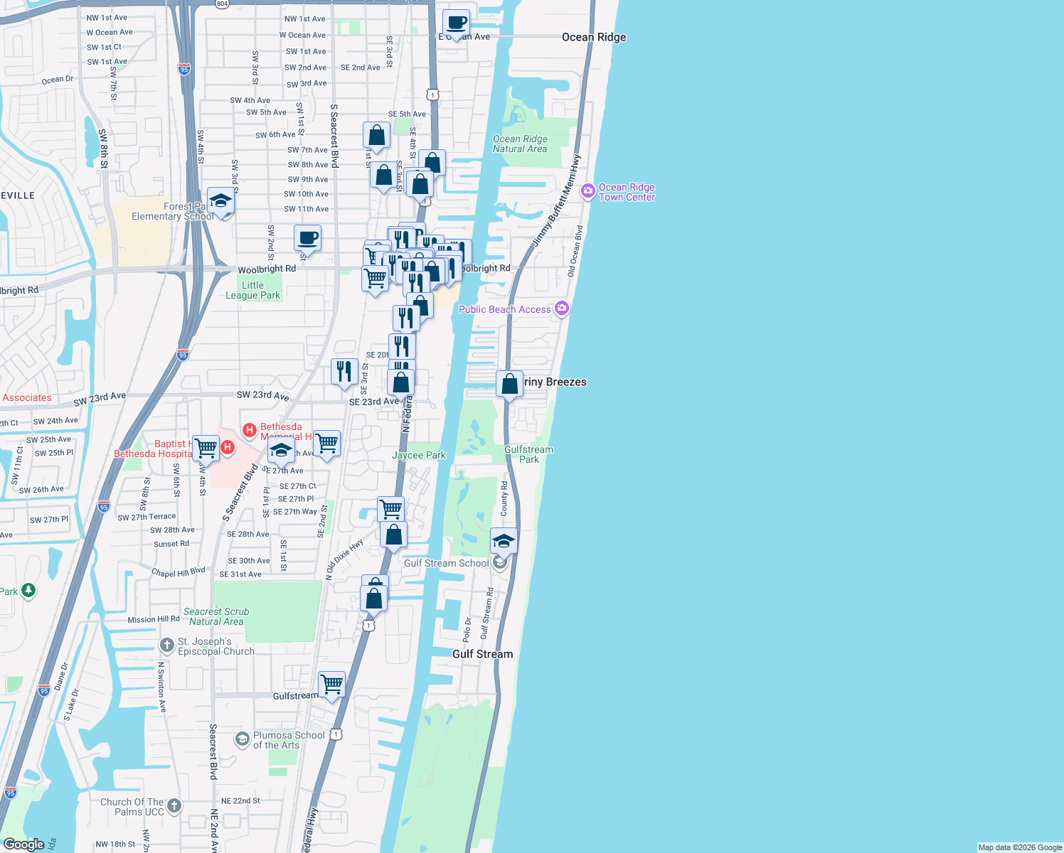 map of restaurants, bars, coffee shops, grocery stores, and more near 204 Coral Road in Boynton Beach