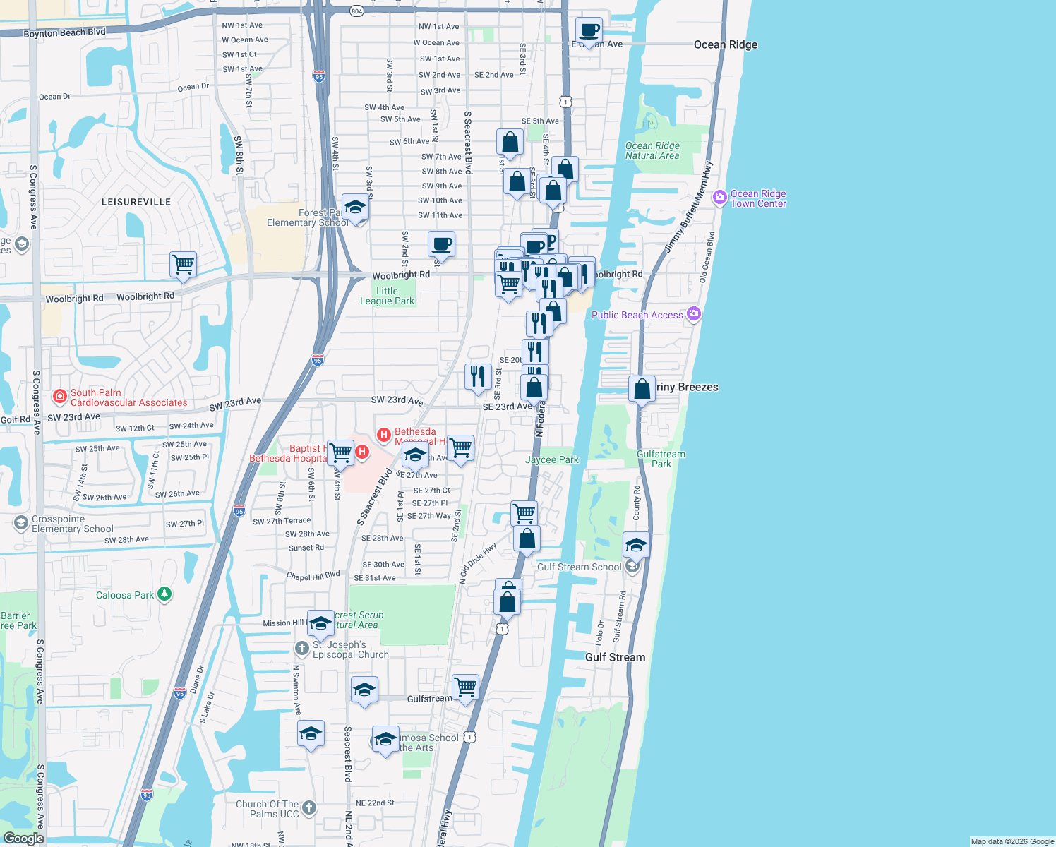 map of restaurants, bars, coffee shops, grocery stores, and more near 1208 Coastal Bay Boulevard in Boynton Beach
