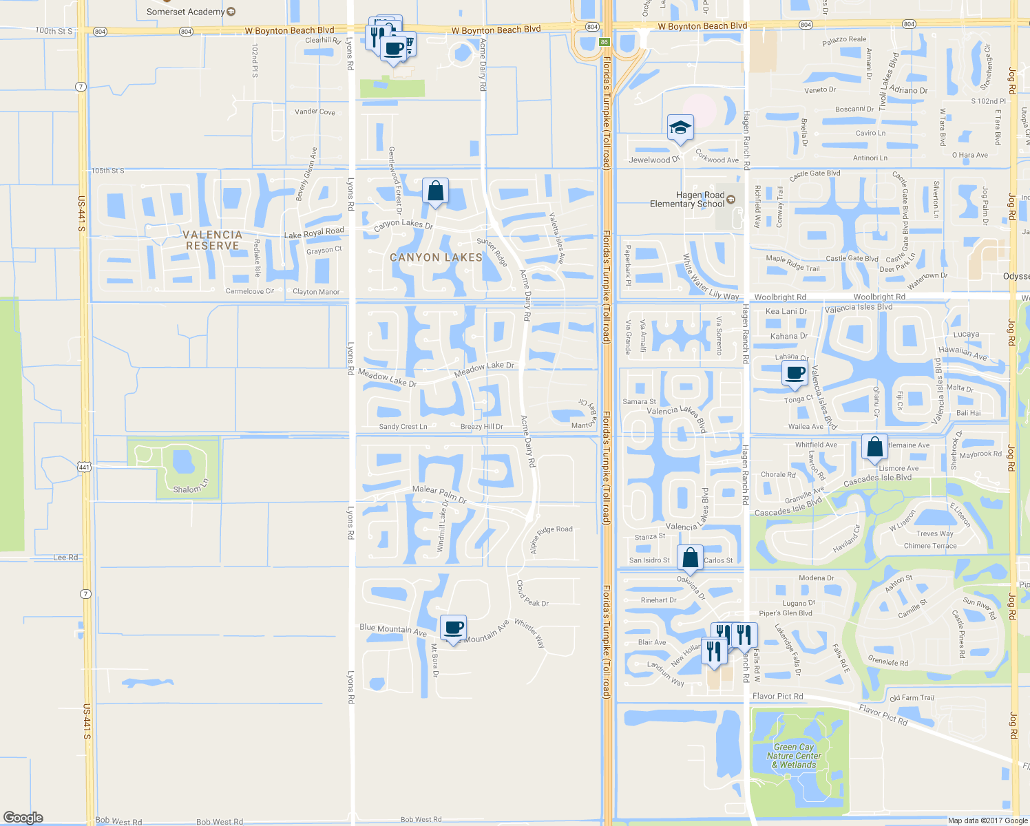 map of restaurants, bars, coffee shops, grocery stores, and more near 11418 Millpond Greens Drive in Boynton Beach
