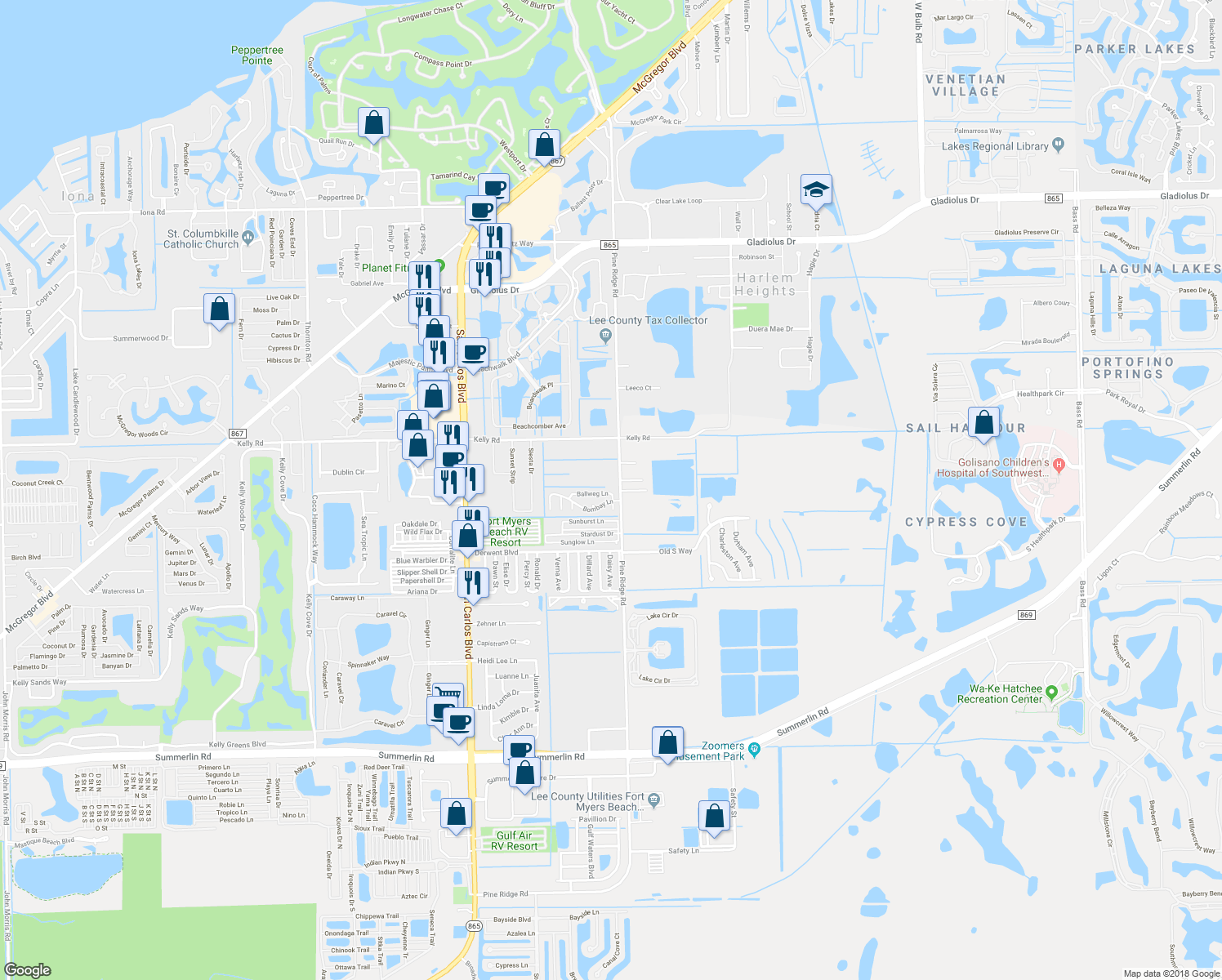 map of restaurants, bars, coffee shops, grocery stores, and more near 11020 Ballweg Lane in Fort Myers