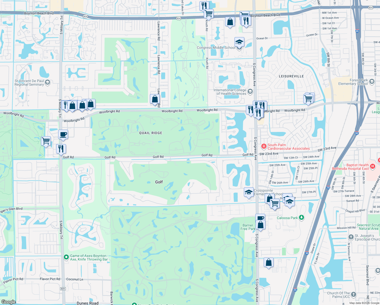 map of restaurants, bars, coffee shops, grocery stores, and more near South Quail Ridge Drive in Boynton Beach