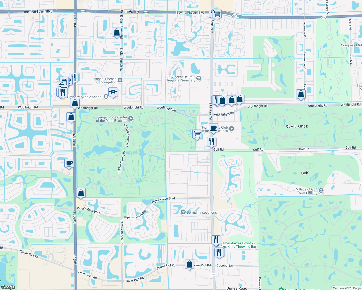 map of restaurants, bars, coffee shops, grocery stores, and more near 5328 Piping Rock Dr in Boynton Beach
