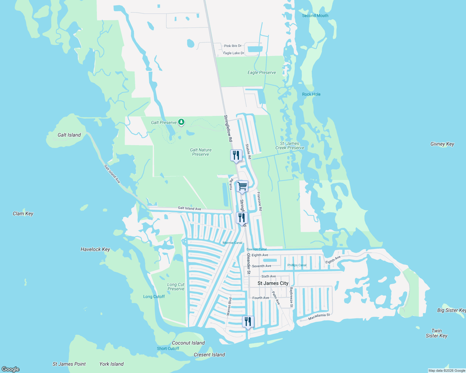 map of restaurants, bars, coffee shops, grocery stores, and more near 3410 York Road in Saint James City
