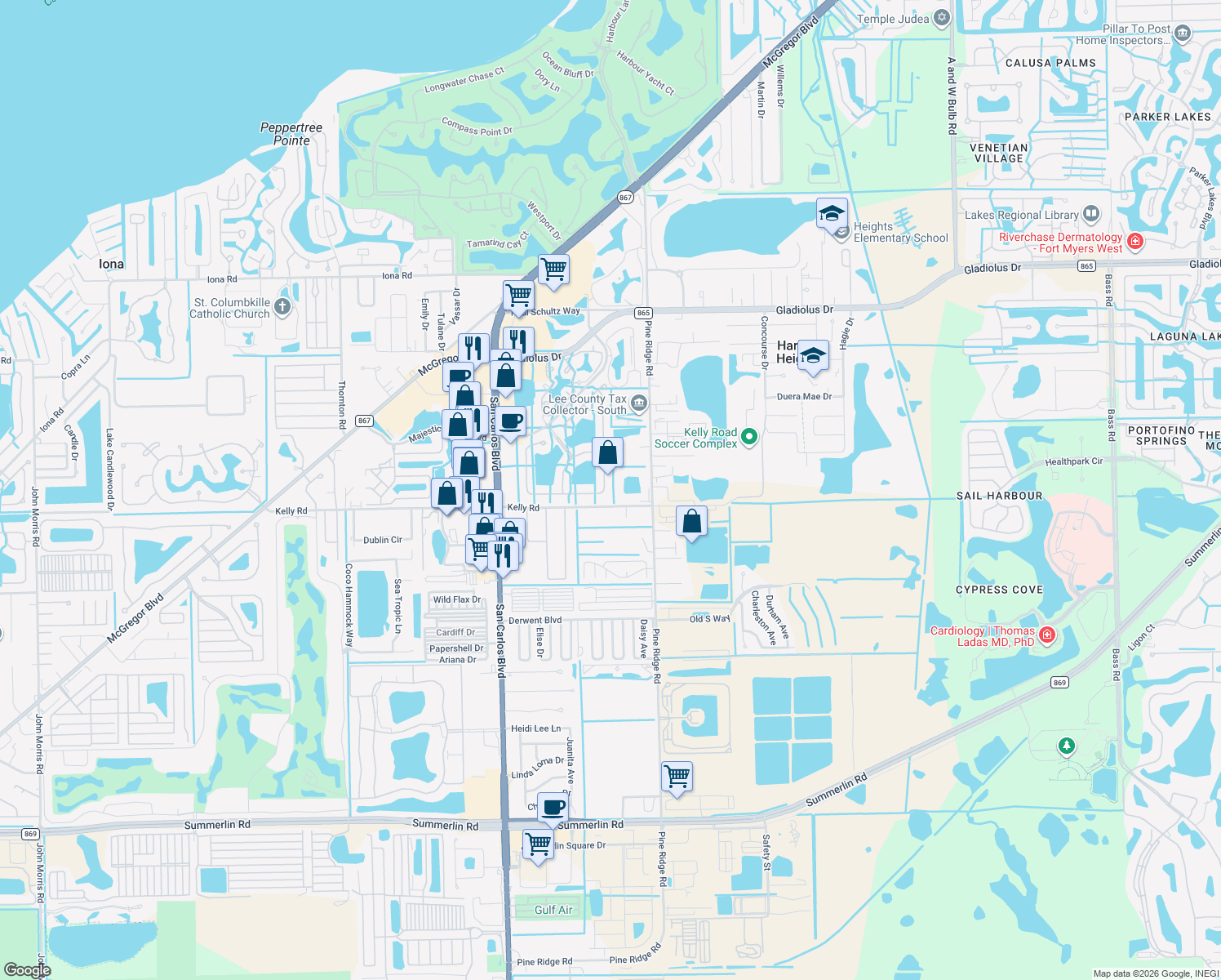 map of restaurants, bars, coffee shops, grocery stores, and more near 15665 Beachcomber Avenue in Fort Myers