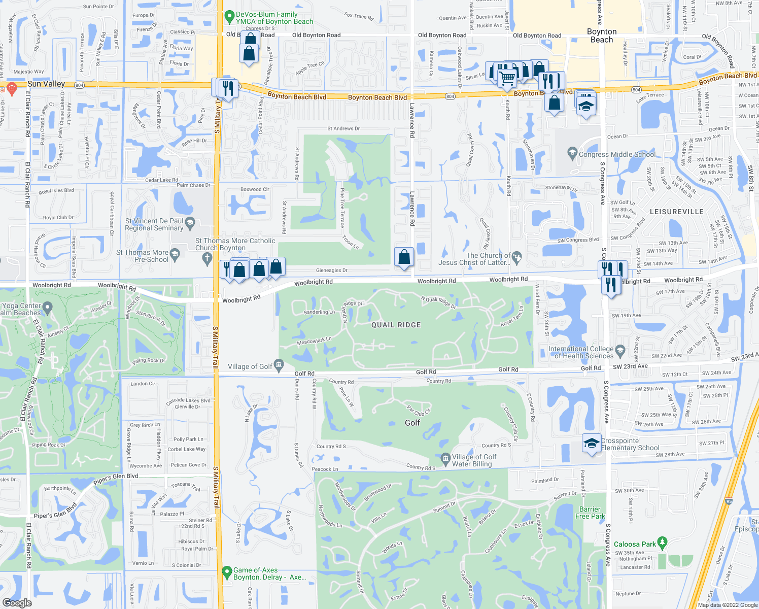 map of restaurants, bars, coffee shops, grocery stores, and more near in Boynton Beach