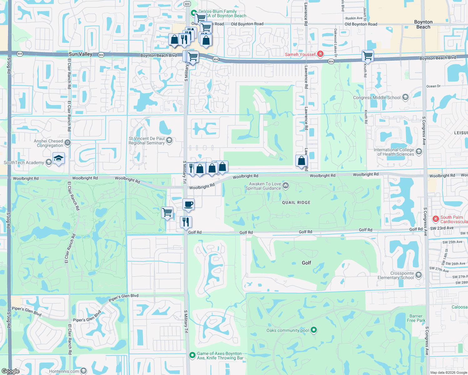 map of restaurants, bars, coffee shops, grocery stores, and more near 4601 West Sanderling Circle in Boynton Beach