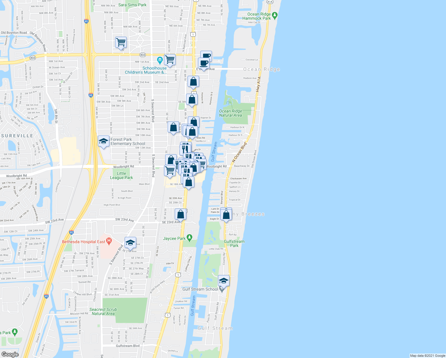 map of restaurants, bars, coffee shops, grocery stores, and more near 5500 North Ocean Boulevard in Boynton Beach