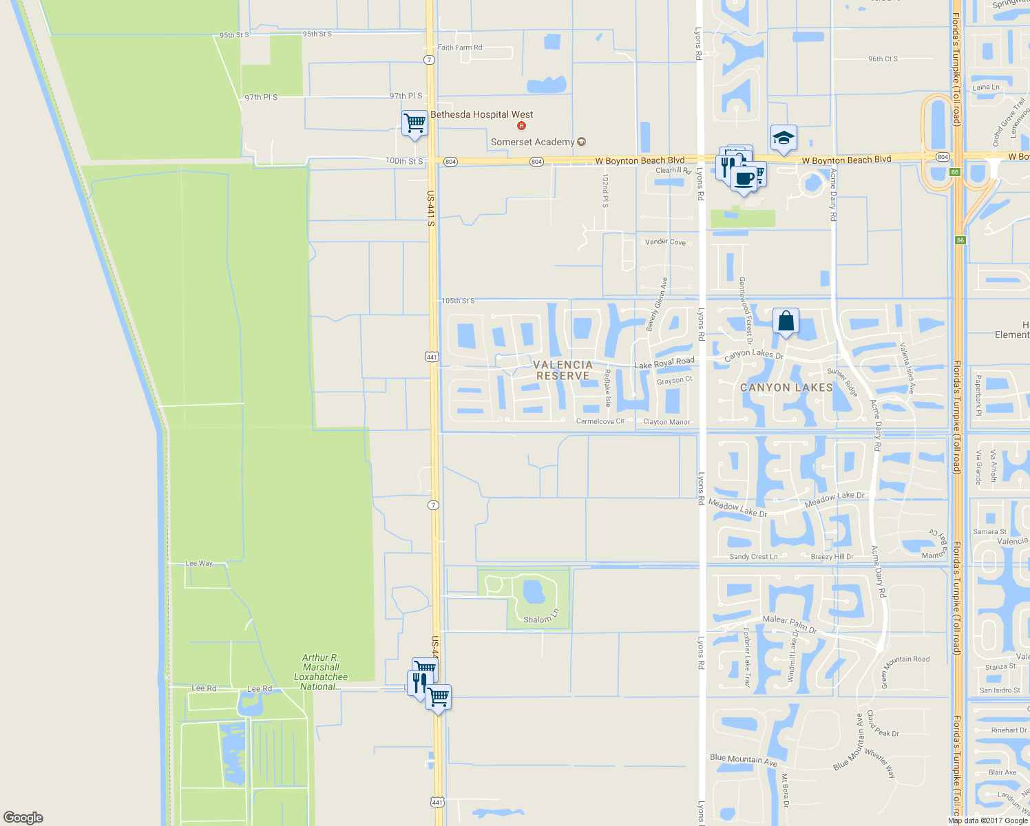 map of restaurants, bars, coffee shops, grocery stores, and more near 10771 Leaf Bridge Way in Boynton Beach