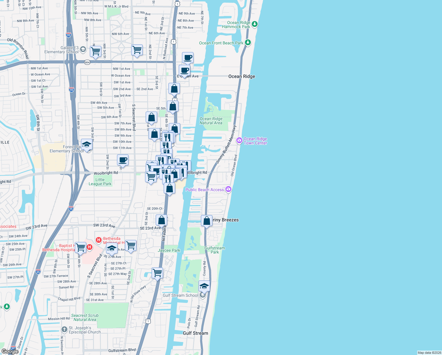map of restaurants, bars, coffee shops, grocery stores, and more near 110 Dolphin Road in Boynton Beach
