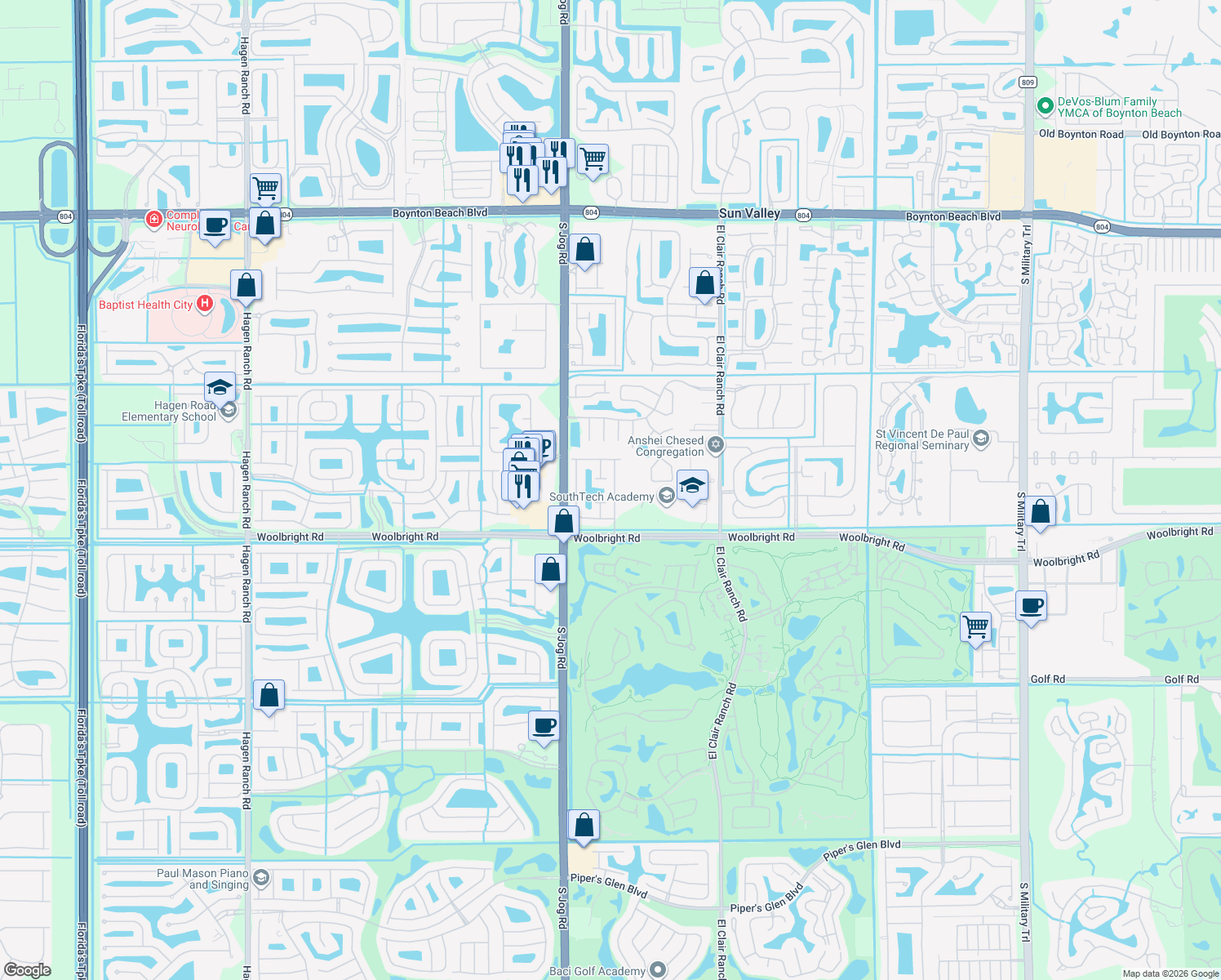 map of restaurants, bars, coffee shops, grocery stores, and more near 10833 Madison Drive in Boynton Beach