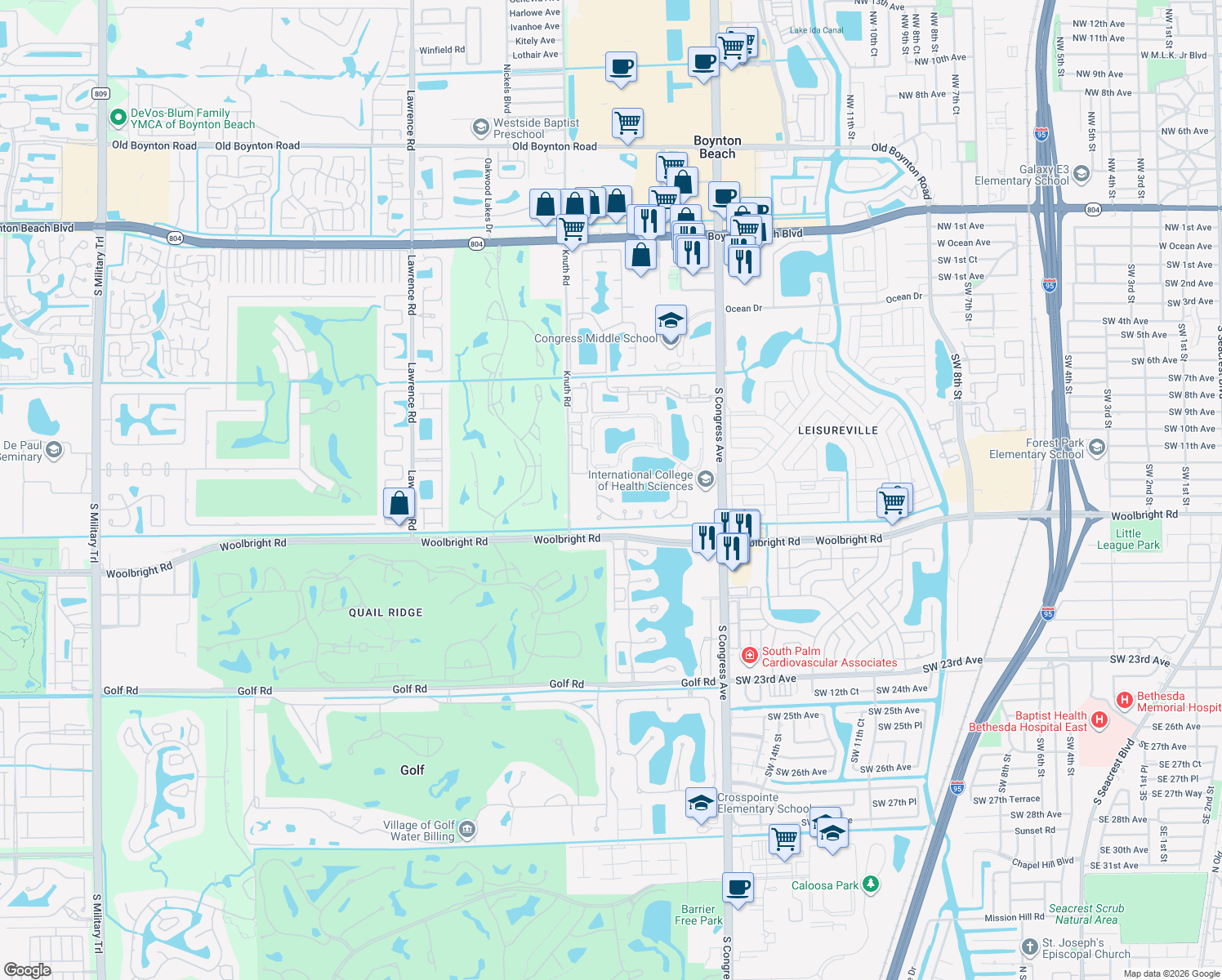 map of restaurants, bars, coffee shops, grocery stores, and more near 101 Azalea Circle in Boynton Beach
