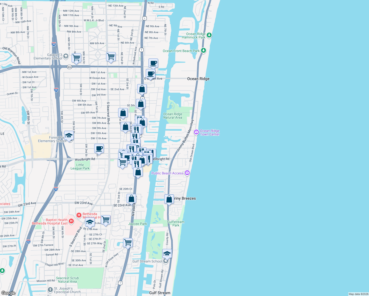 map of restaurants, bars, coffee shops, grocery stores, and more near 9 Adams Road in Ocean Ridge