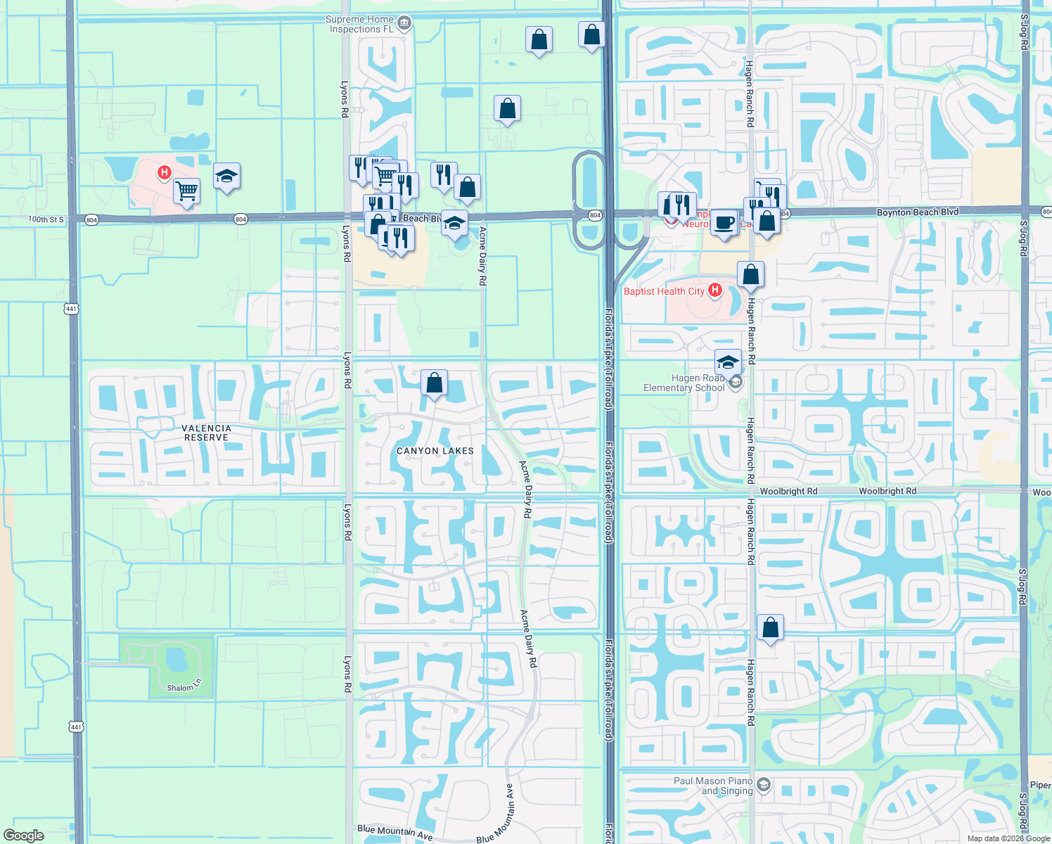 map of restaurants, bars, coffee shops, grocery stores, and more near 8292 Calabria Lakes Drive in Boynton Beach