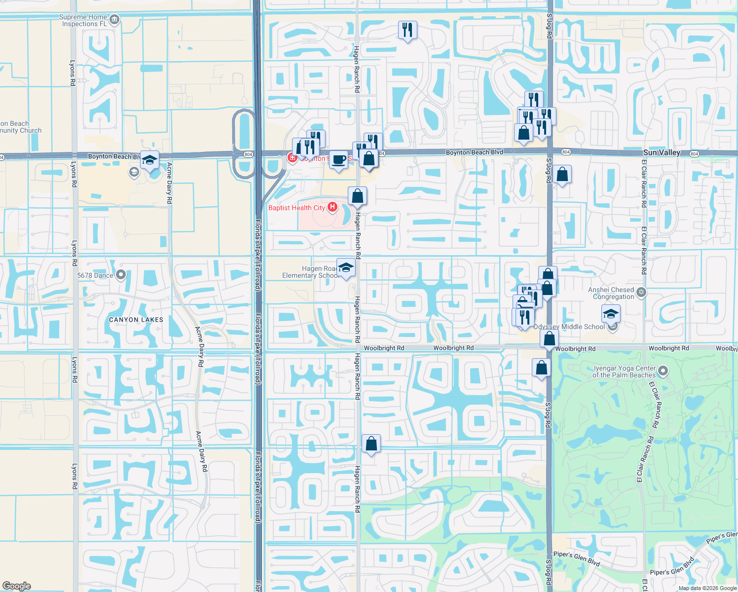 map of restaurants, bars, coffee shops, grocery stores, and more near 10680 Richfield Way in Boynton Beach
