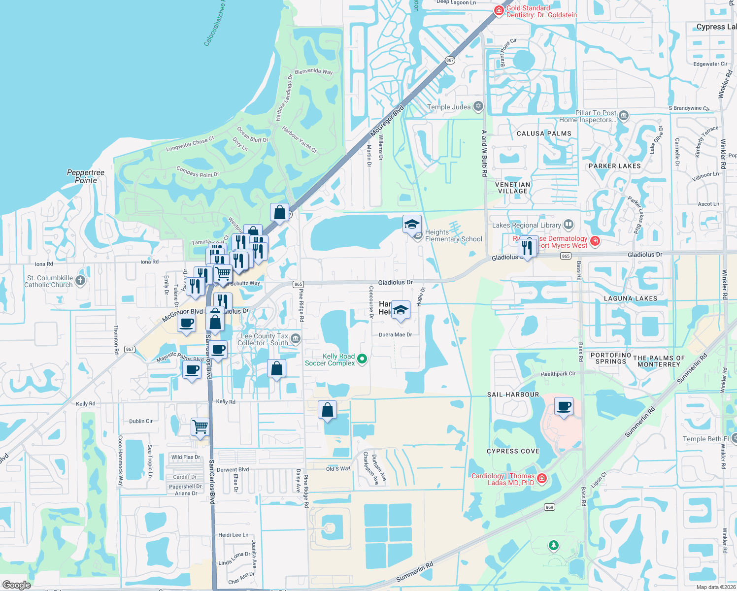 map of restaurants, bars, coffee shops, grocery stores, and more near 10631 Robinson Street in Fort Myers
