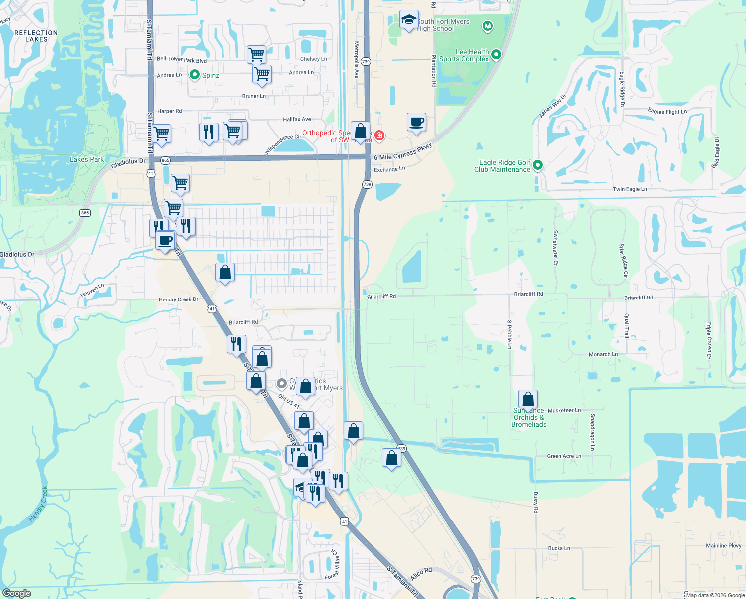 map of restaurants, bars, coffee shops, grocery stores, and more near 6150 Briarcliff Road in Fort Myers
