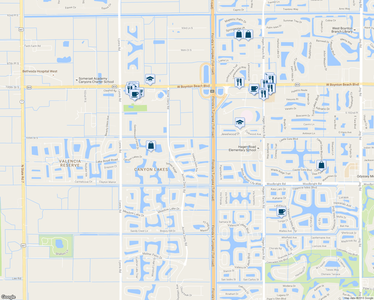 map of restaurants, bars, coffee shops, grocery stores, and more near 8598 Serena Creek Avenue in Boynton Beach