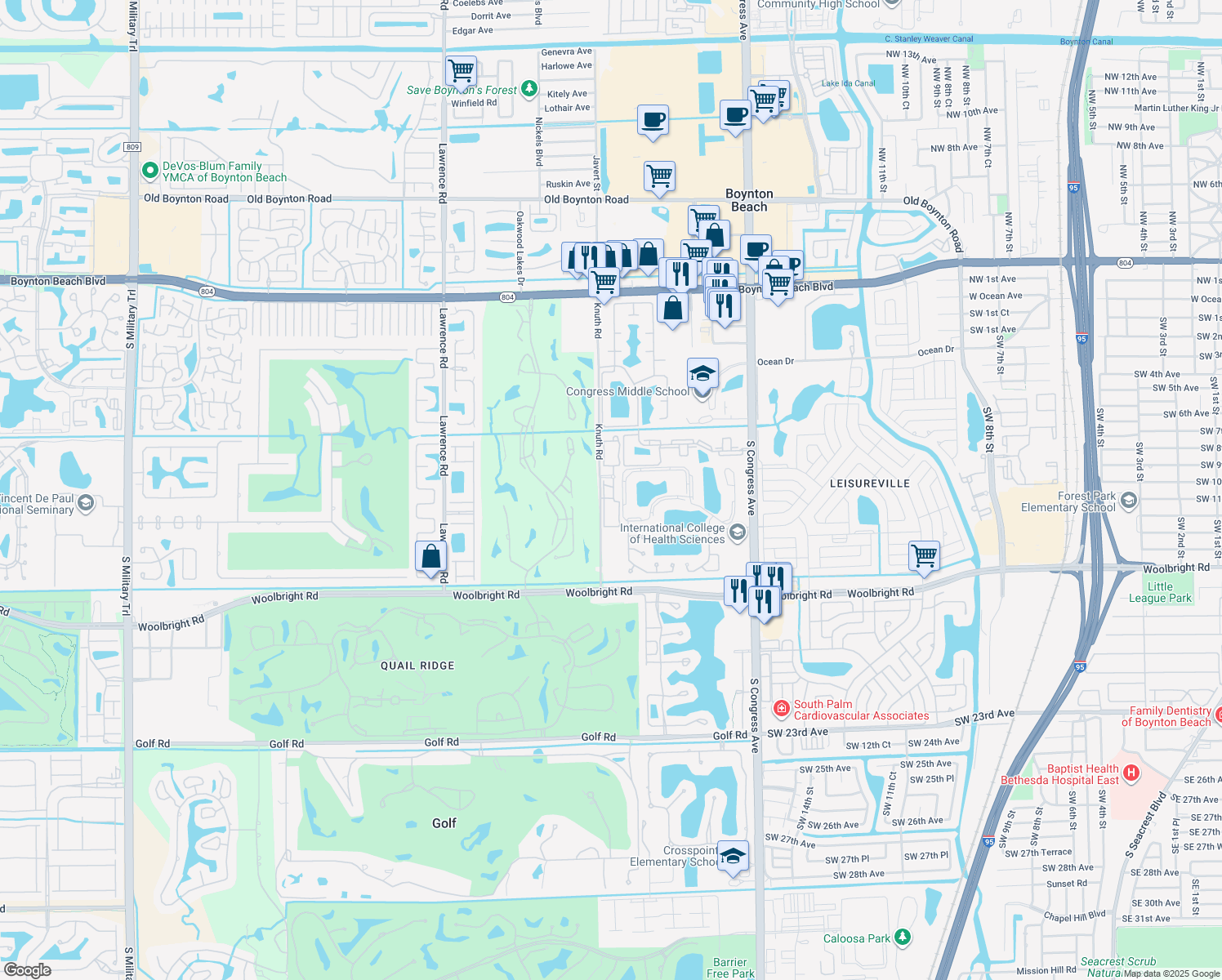 map of restaurants, bars, coffee shops, grocery stores, and more near 501 Belmont Place in Boynton Beach