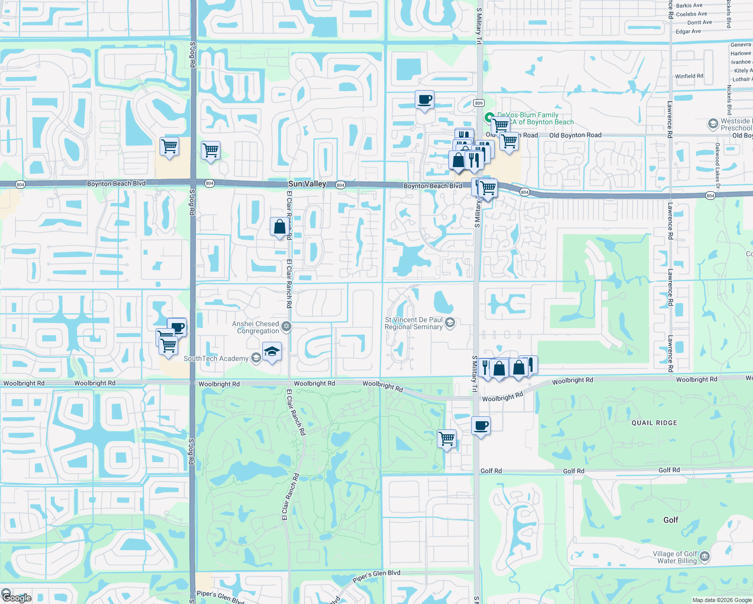 map of restaurants, bars, coffee shops, grocery stores, and more near 10732 Royal Caribbean Circle in Boynton Beach