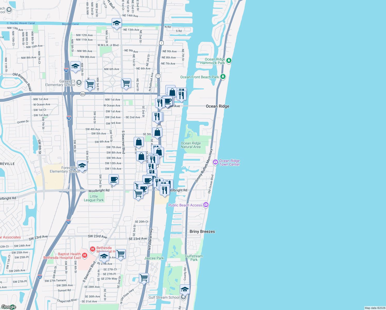 map of restaurants, bars, coffee shops, grocery stores, and more near 48 Harbour Drive North in Boynton Beach