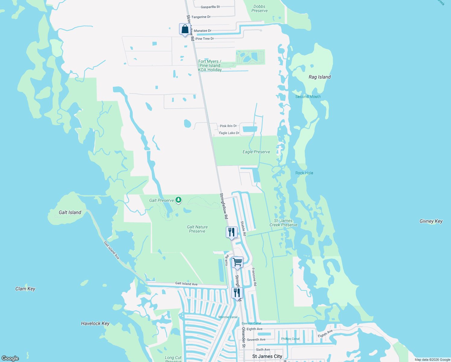 map of restaurants, bars, coffee shops, grocery stores, and more near 4106 Stringfellow Road in Saint James City