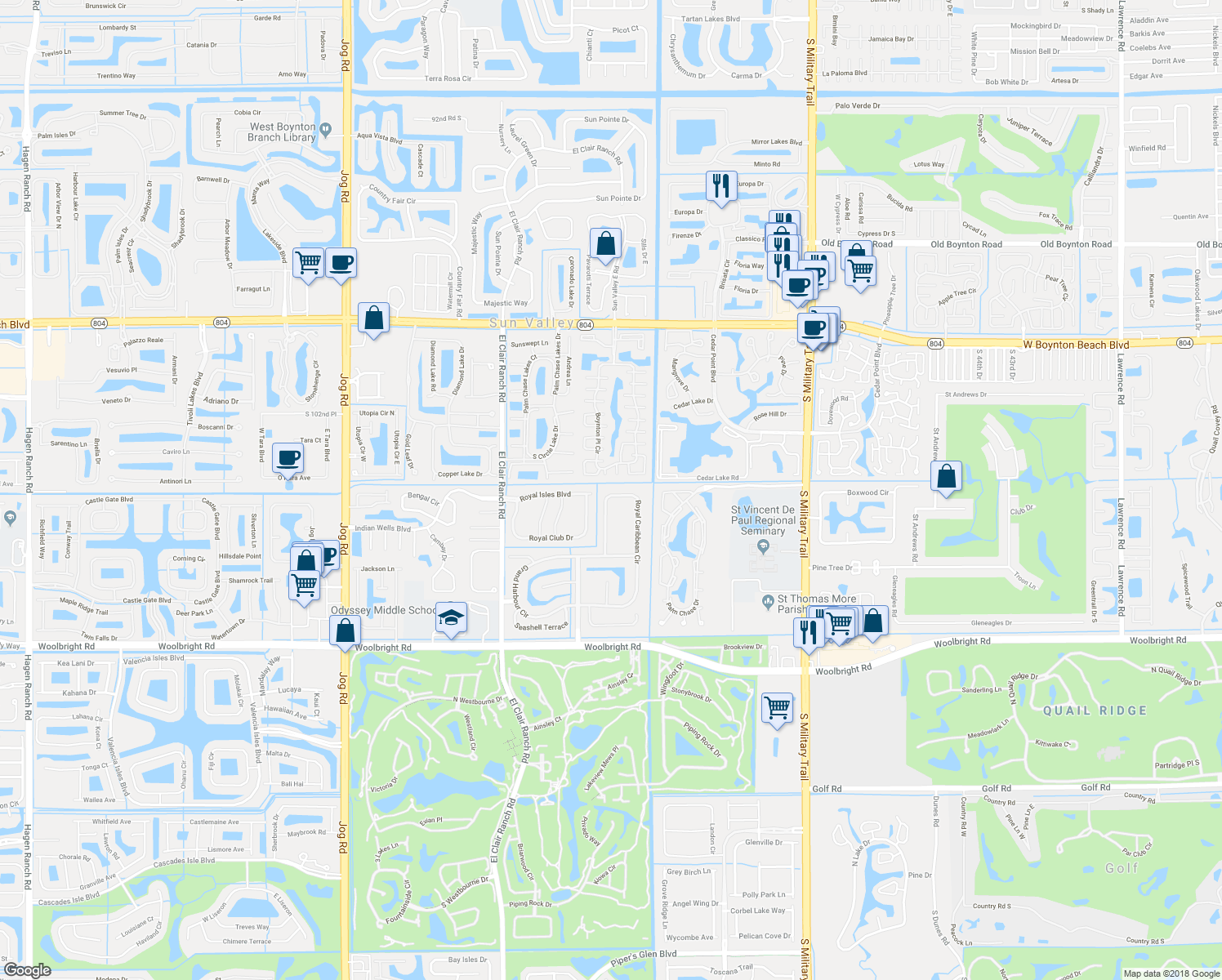 map of restaurants, bars, coffee shops, grocery stores, and more near 10644 Royal Caribbean Circle in Boynton Beach