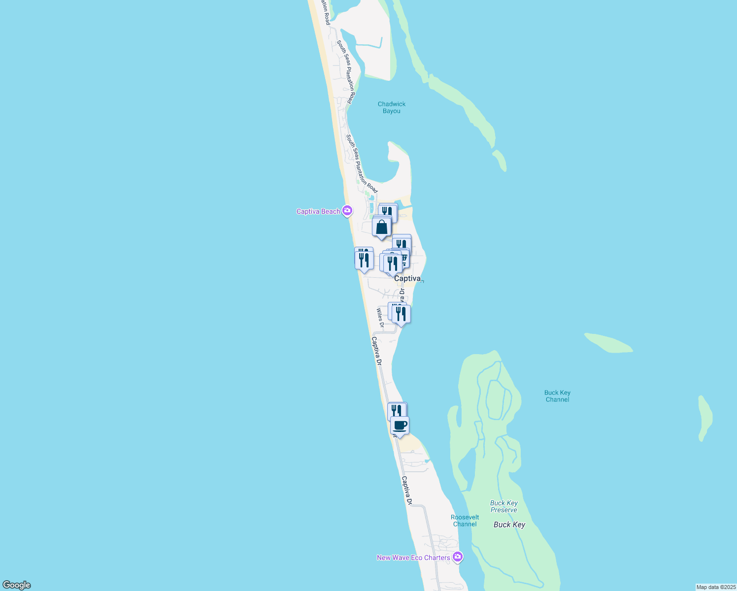 map of restaurants, bars, coffee shops, grocery stores, and more near 11580 Chapin Lane in Captiva