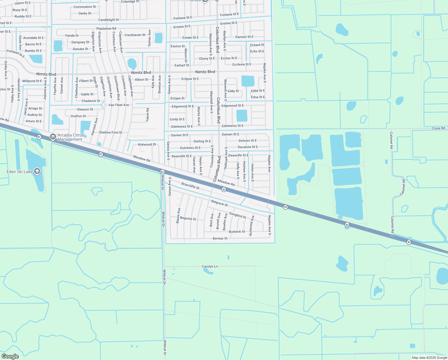 map of restaurants, bars, coffee shops, grocery stores, and more near 3523 Meadow Road in Lehigh Acres