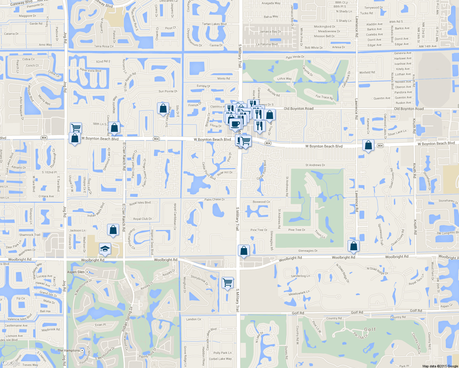 map of restaurants, bars, coffee shops, grocery stores, and more near 5099 Ashley Lake Dr in Boynton Beach