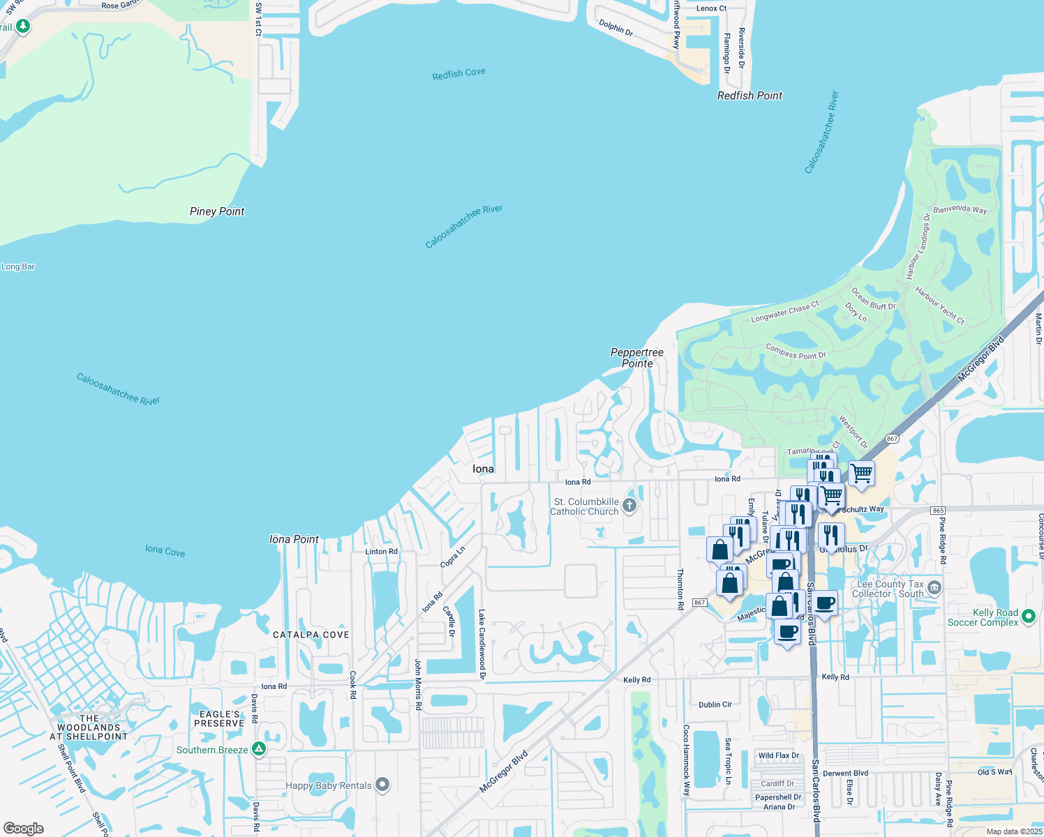 map of restaurants, bars, coffee shops, grocery stores, and more near 15110 Anchorage Way in Fort Myers