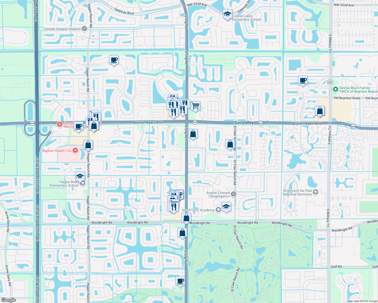 map of restaurants, bars, coffee shops, grocery stores, and more near 10299 Utopia Circle West in Boynton Beach