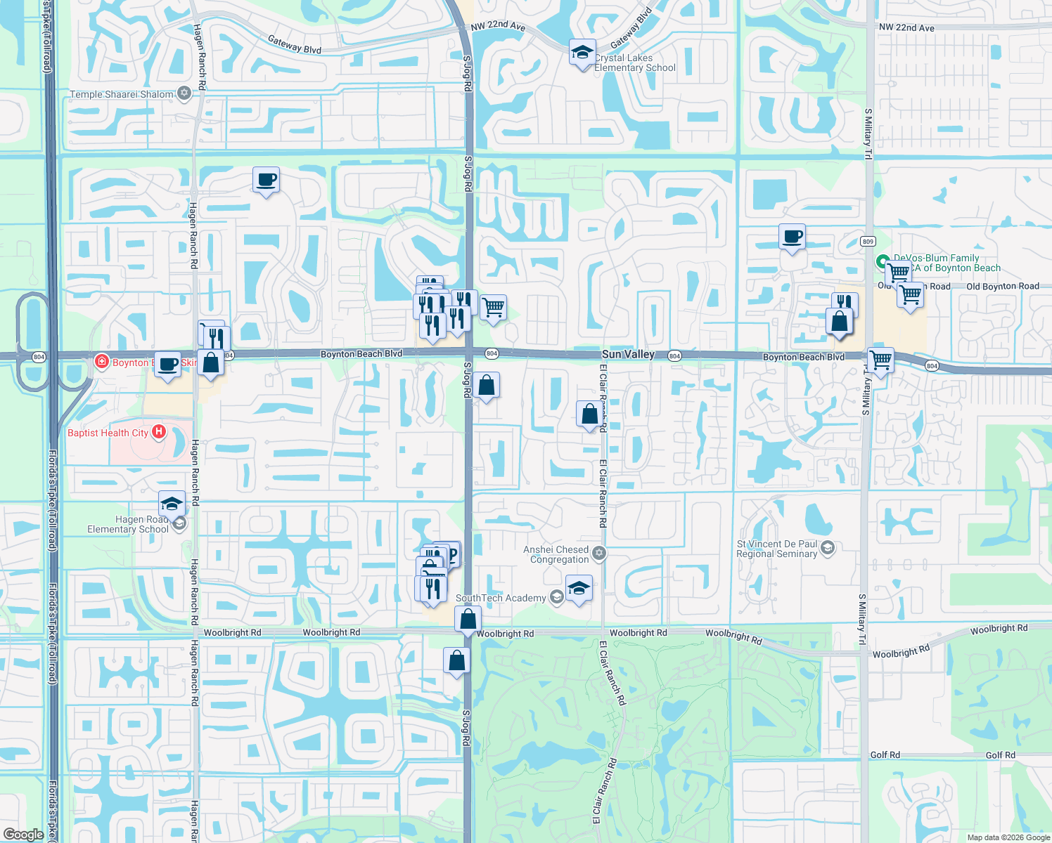map of restaurants, bars, coffee shops, grocery stores, and more near 6265 Copper Lake Court in Boynton Beach