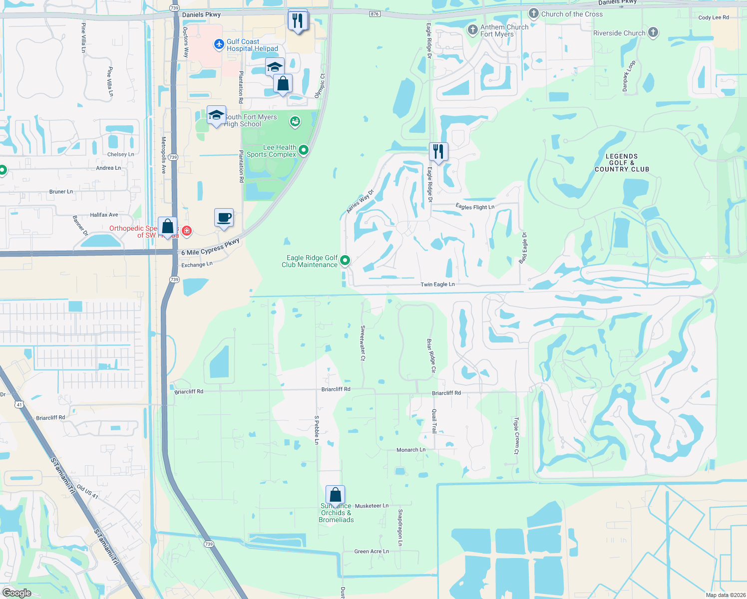 map of restaurants, bars, coffee shops, grocery stores, and more near 15101 Sweetwater Ct in Fort Myers