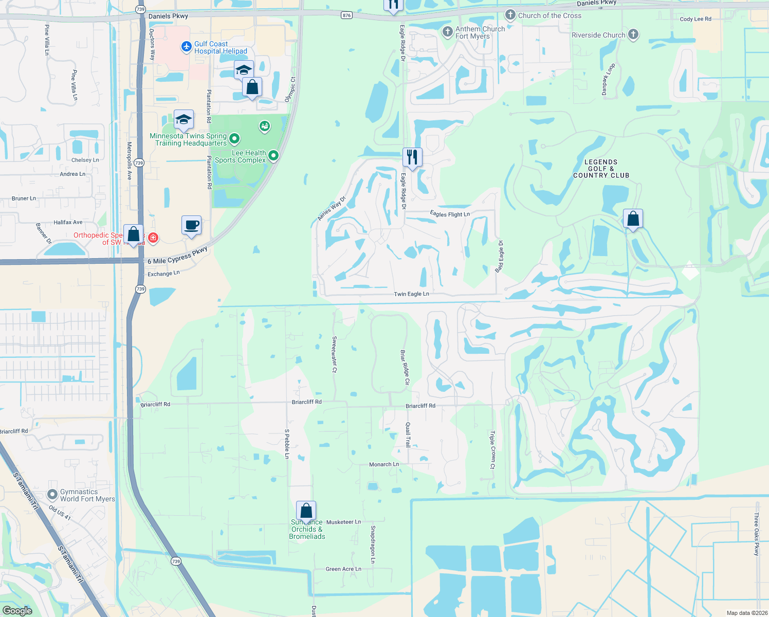 map of restaurants, bars, coffee shops, grocery stores, and more near 15252 Briar Ridge Circle in Fort Myers