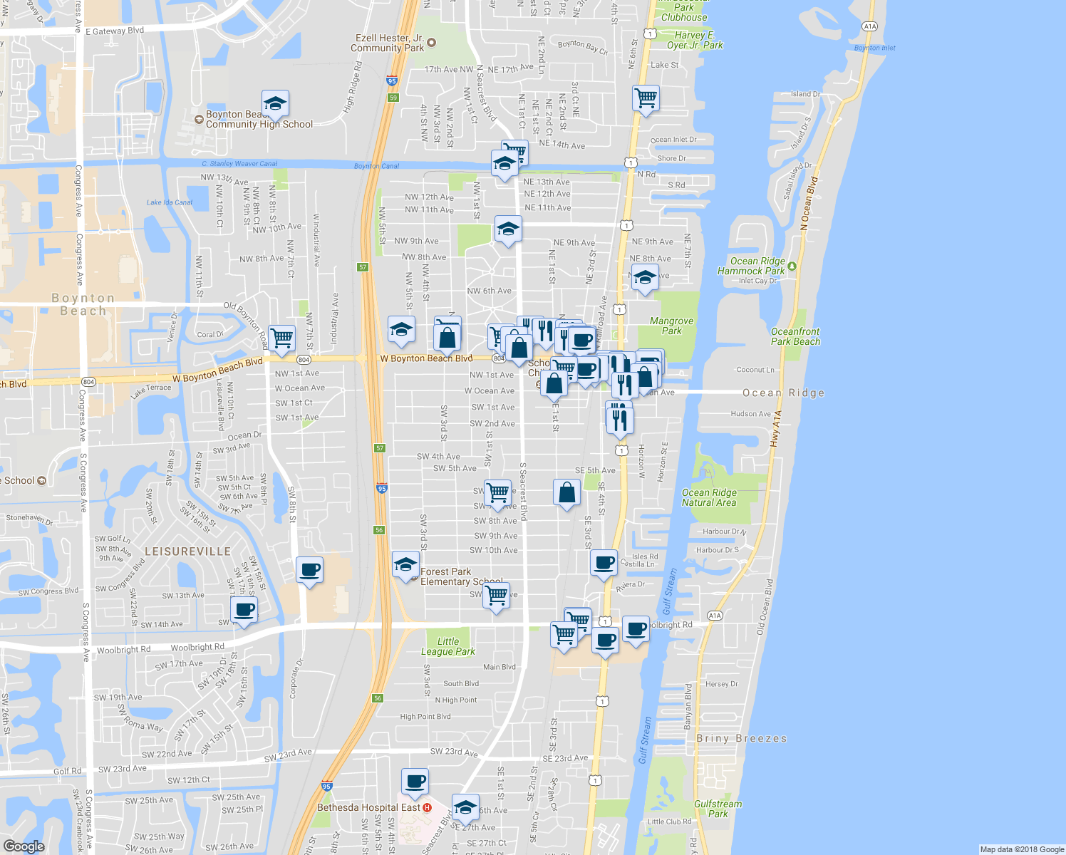 map of restaurants, bars, coffee shops, grocery stores, and more near 116 Southeast 2nd Avenue in Boynton Beach