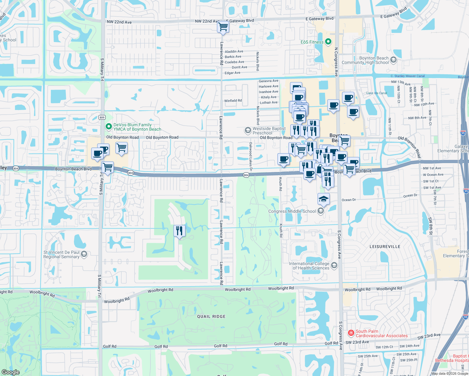 map of restaurants, bars, coffee shops, grocery stores, and more near 10122 Lexington Circle North in Boynton Beach
