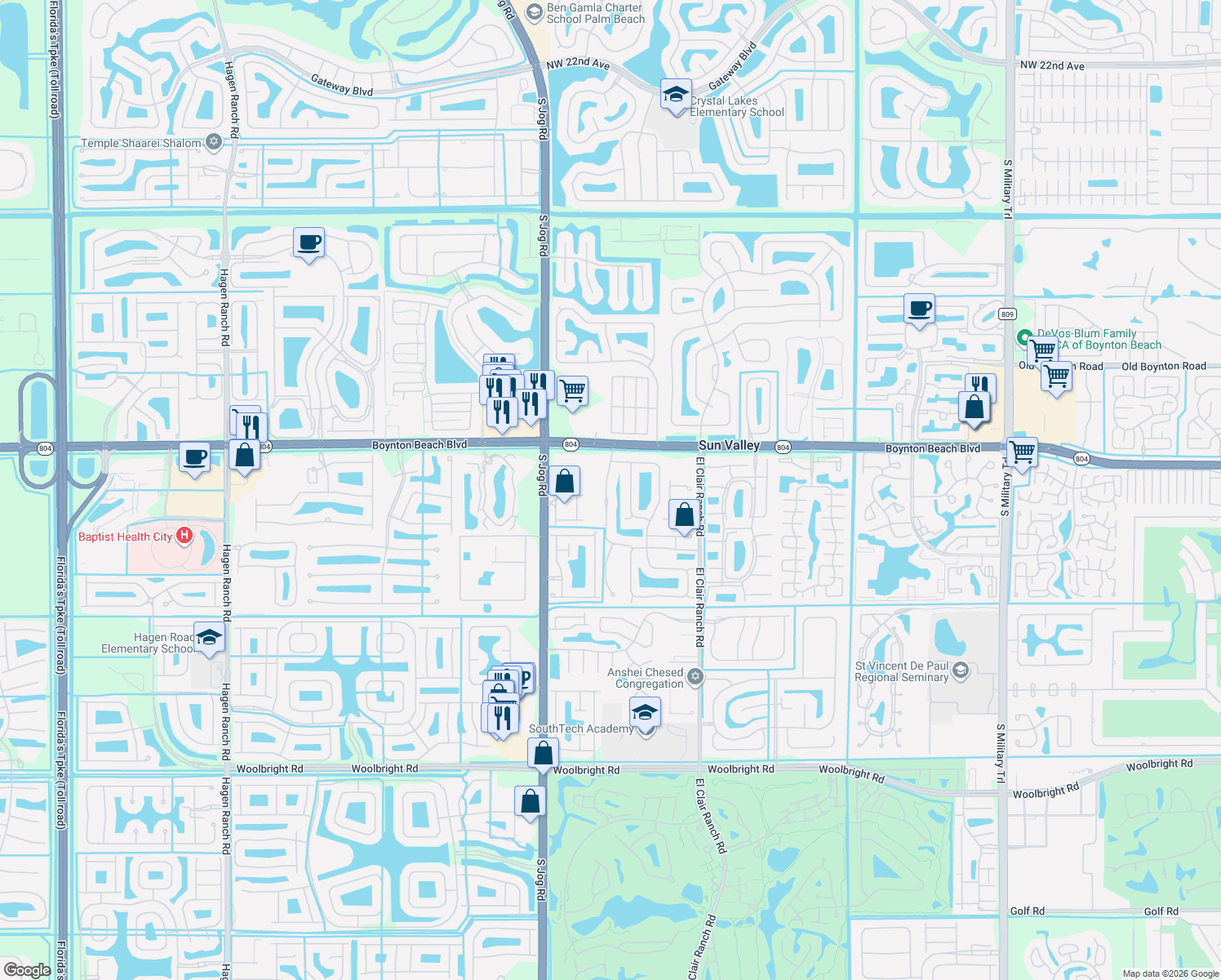 map of restaurants, bars, coffee shops, grocery stores, and more near 6305 Copper Lake Court in Boynton Beach