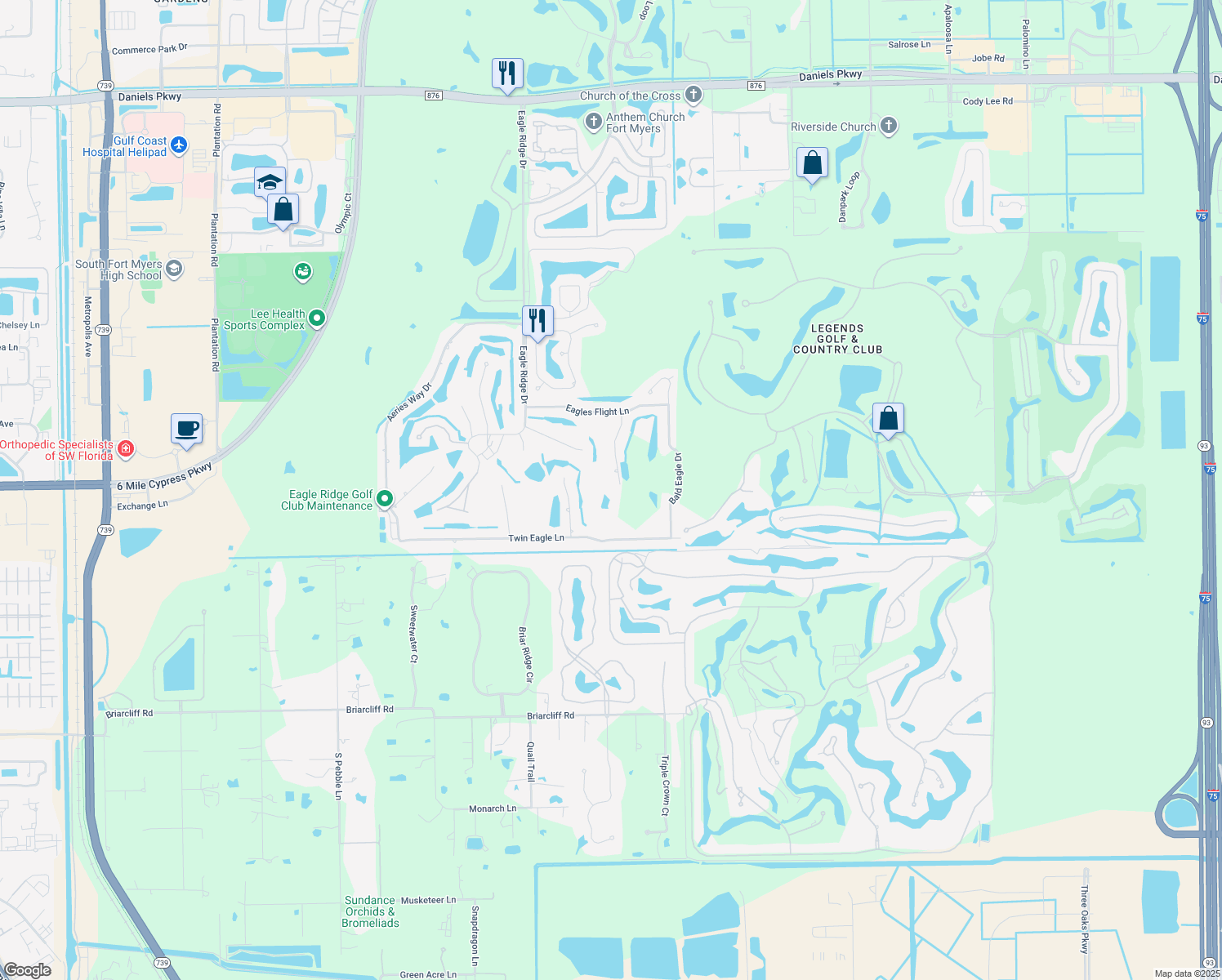 map of restaurants, bars, coffee shops, grocery stores, and more near 14840 Eagles Lookout Court in Fort Myers