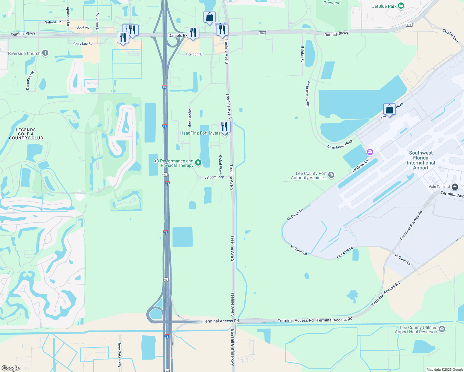 map of restaurants, bars, coffee shops, grocery stores, and more near Treeline Avenue South in Fort Myers