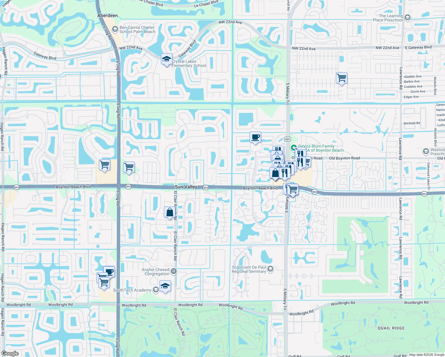 map of restaurants, bars, coffee shops, grocery stores, and more near 5524 Boynton Gardens Drive in Boynton Beach