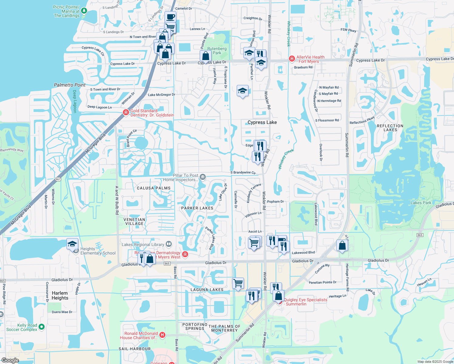 map of restaurants, bars, coffee shops, grocery stores, and more near 14760 Lake Olive Drive in Fort Myers