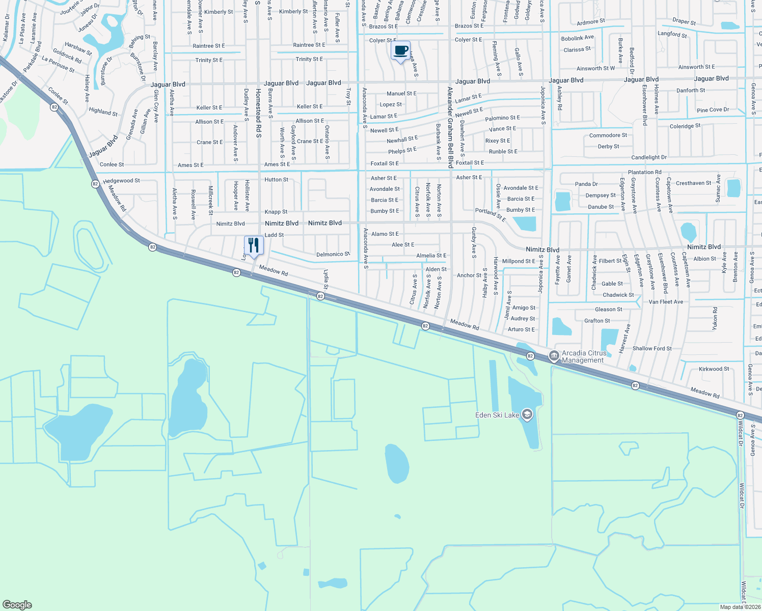 map of restaurants, bars, coffee shops, grocery stores, and more near 2860 Meadow Road in Lehigh Acres