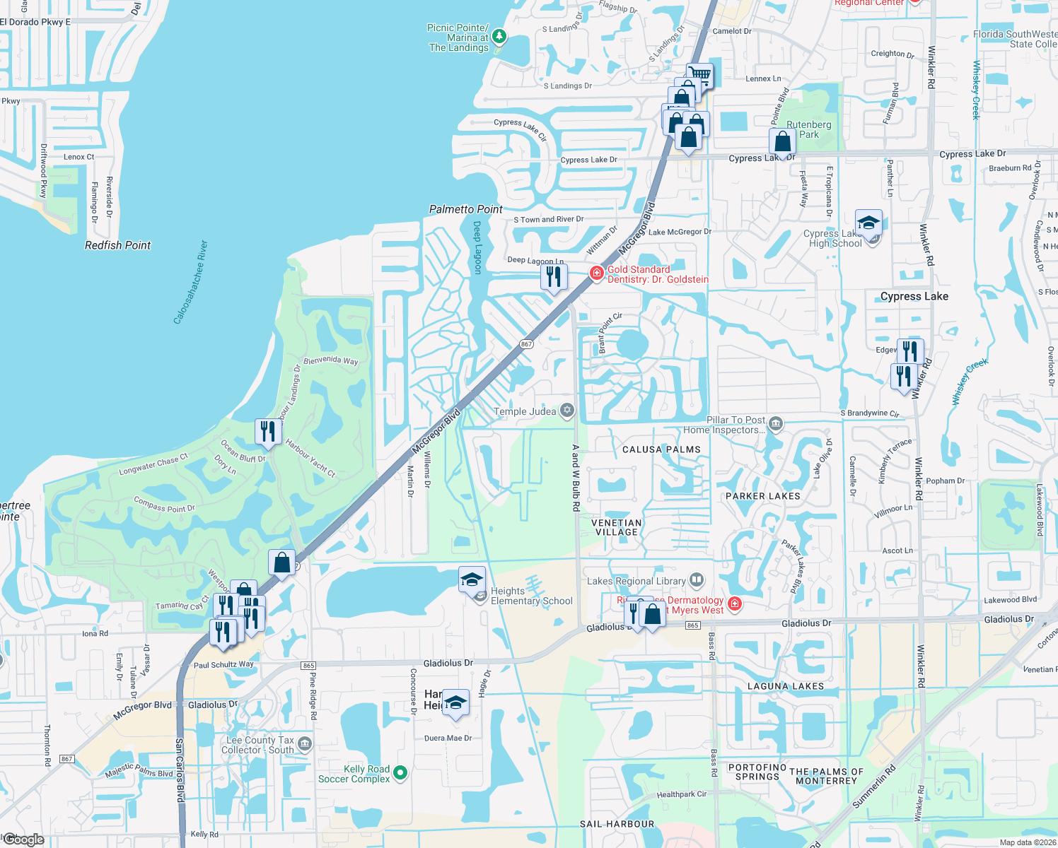 map of restaurants, bars, coffee shops, grocery stores, and more near 14471 Pine Lily Drive in Fort Myers