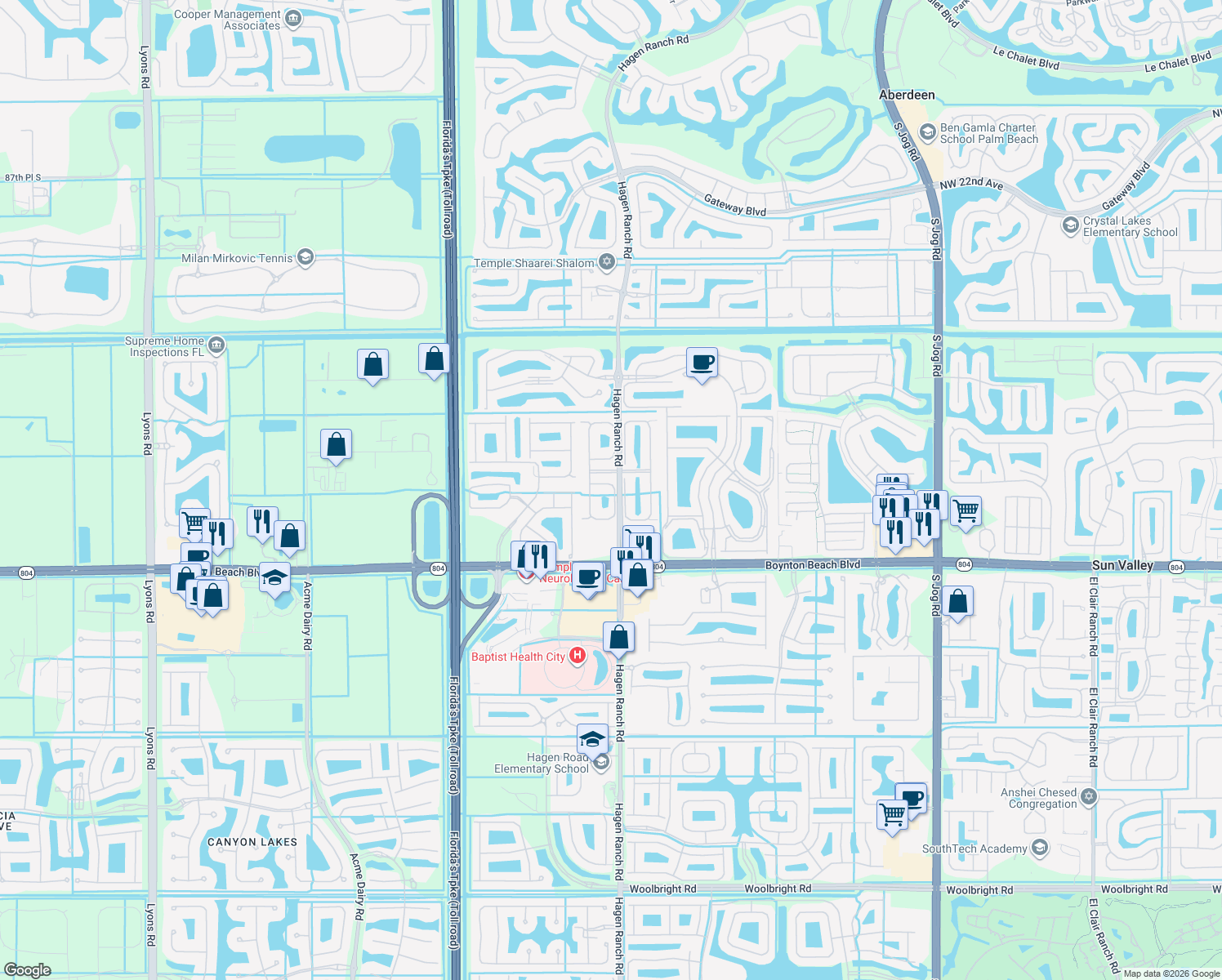 map of restaurants, bars, coffee shops, grocery stores, and more near 9848 Crescent View Drive South in Boynton Beach