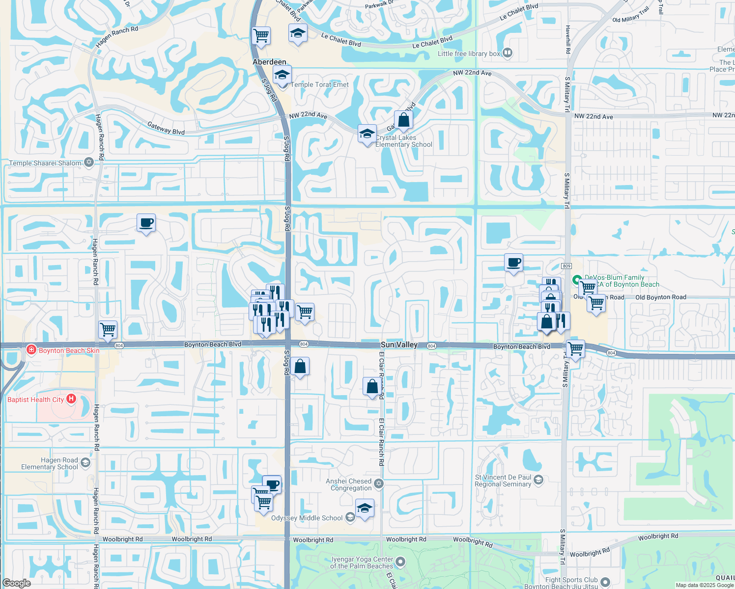 map of restaurants, bars, coffee shops, grocery stores, and more near 9688 Majestic Way in Boynton Beach
