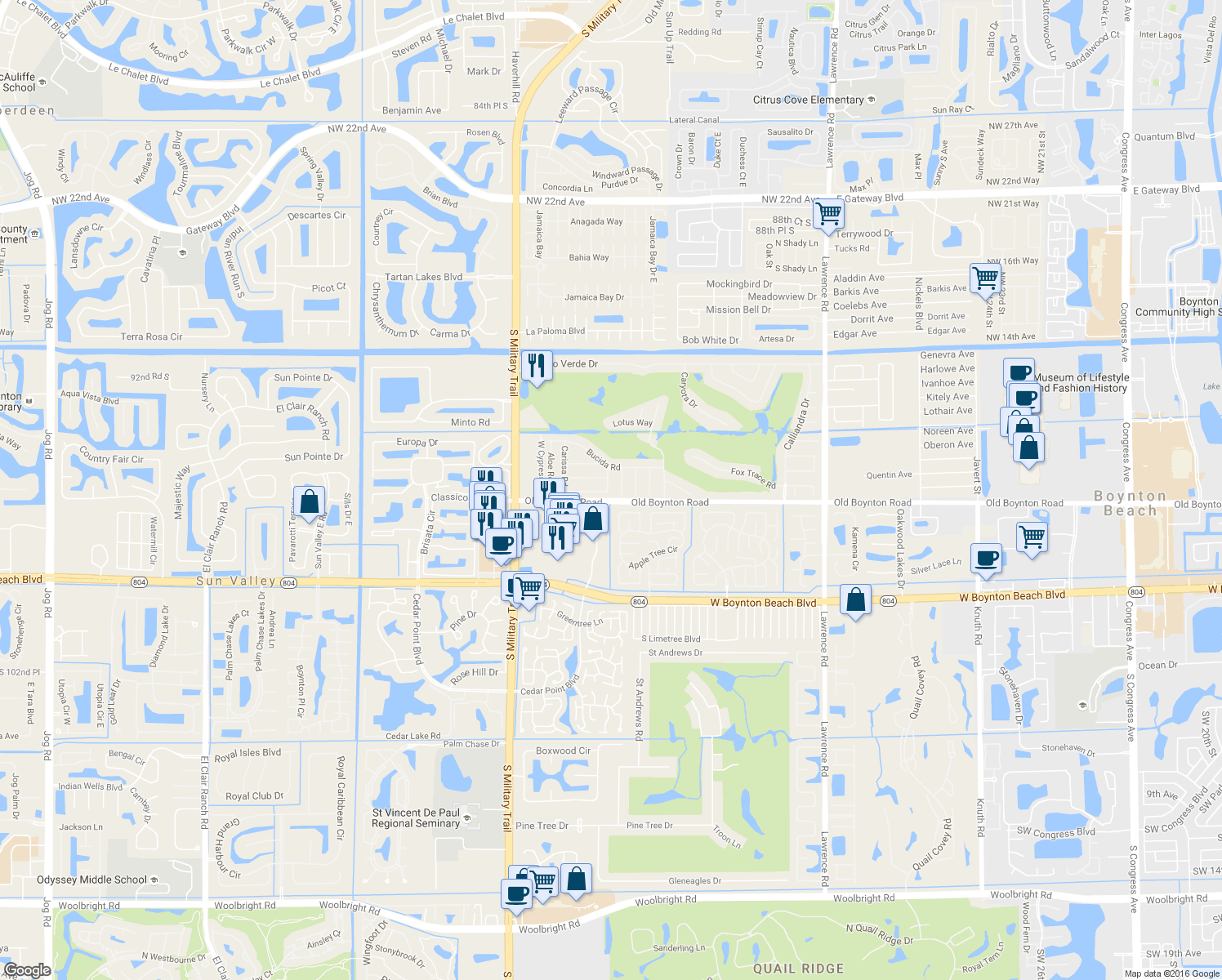 map of restaurants, bars, coffee shops, grocery stores, and more near 9696 Plumeria Way in Boynton Beach