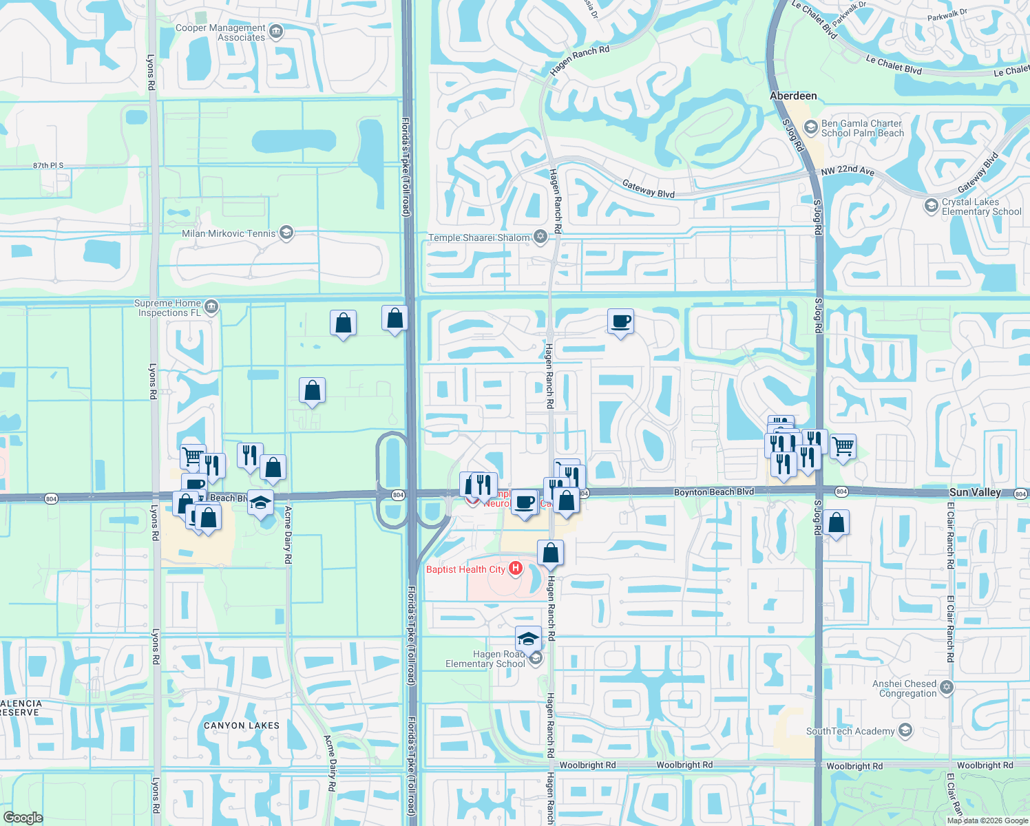 map of restaurants, bars, coffee shops, grocery stores, and more near 9640 Cherry Blossom Court in Boynton Beach